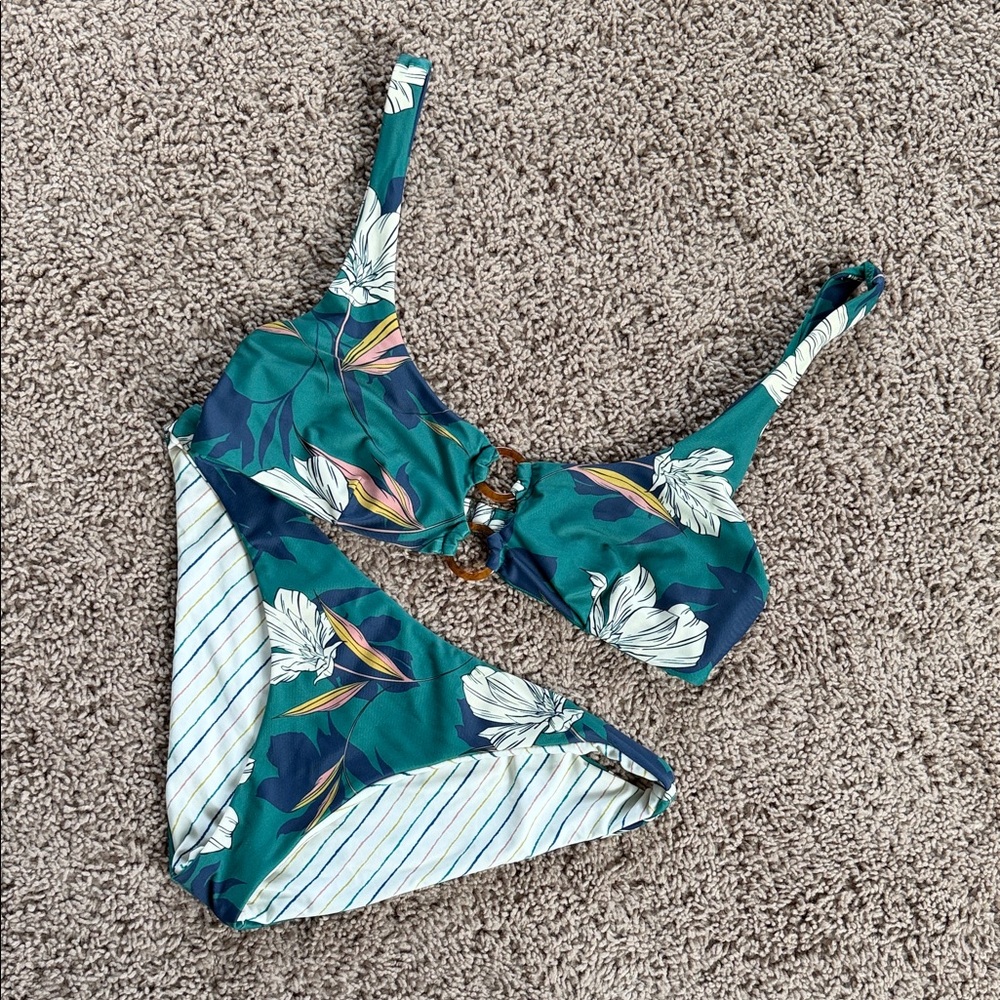 O'Neill Teal Floral Ring-Front Bikini Set